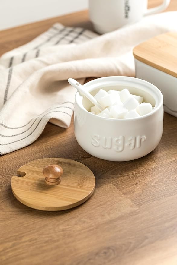 LYEOBOH Sugar Bowl with Lid and Spoon,17 OZ Sugar Jar, Ceramic Jar with Lid, Sugar Container for Coffee Bar, Sugar Bowls for Countertop, Azucarera for Farmhouse Home and Kitchen, White