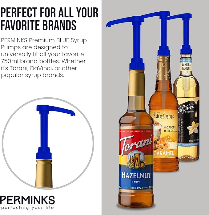 Premium Syrup Pump Compatible with Torani 750 ml Bottle, Davinci Syrups - No Spill, No Clog Syrup Pump Dispenser for Vanilla, Snow Cone, Blueberry, Coffee Flavoring & More (Pack of 3, Blue)