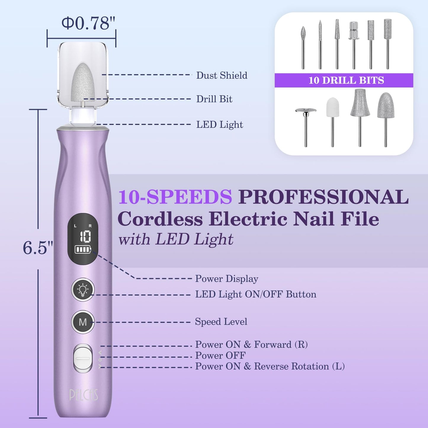 PELCAS Electric Nail Drills, 10 Speeds Cordless Nail File with LED Light, Portable Manicure & Pedicure Kit, Nail Grinder with LC