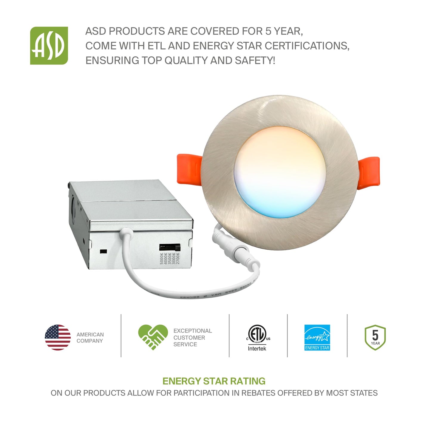 Asd 6 Pack 3 Inch Led Recessed Light 6W  5 Cct 2700K-5000K Cri90+  Ic Rated Ultra Thin Dimmable Ceiling Lights With J Box  Canless Wafer Downlight  Round Slim Panel Lighting  Energy Star Etl  Nickel
