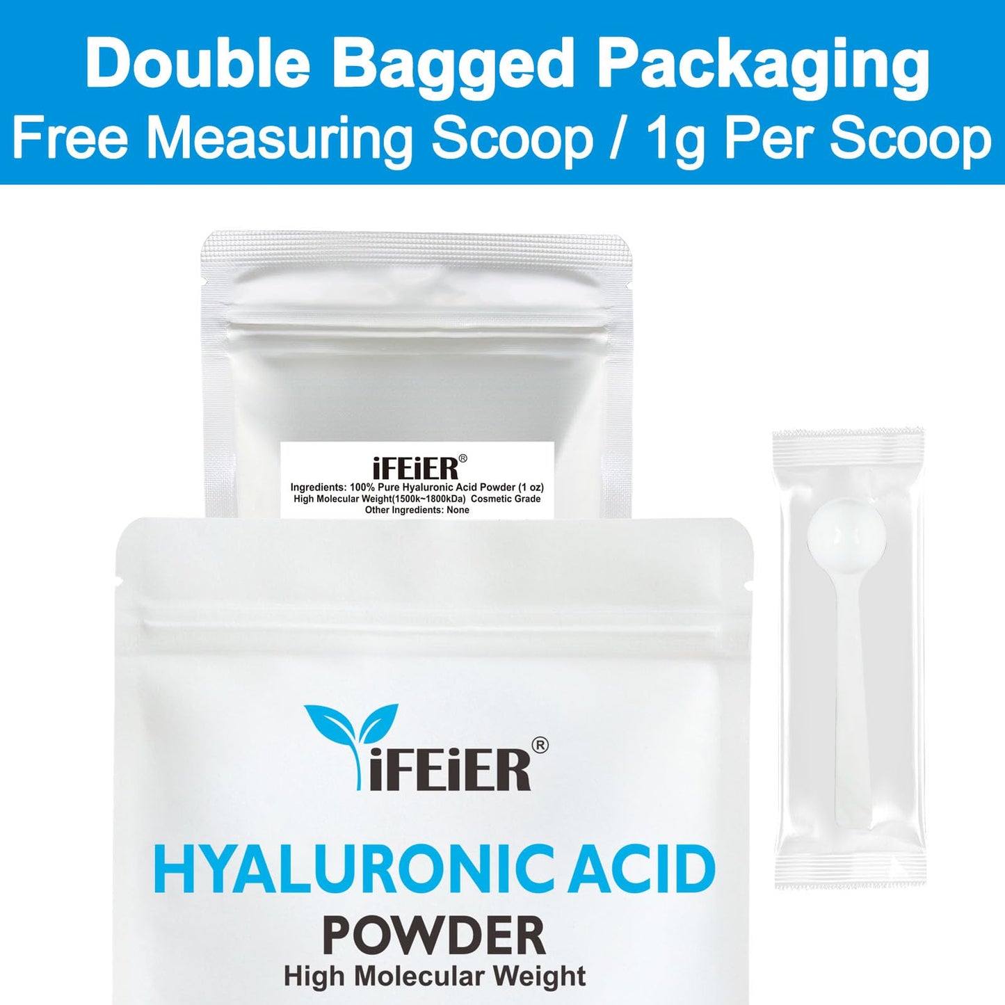 iFEiER Hyaluronic Acid Powder | High Molecular Weight Hyaluronic Acid Serum Powder | 1oz(28.3g) Cosmetics Grade | Sodium Hyaluro