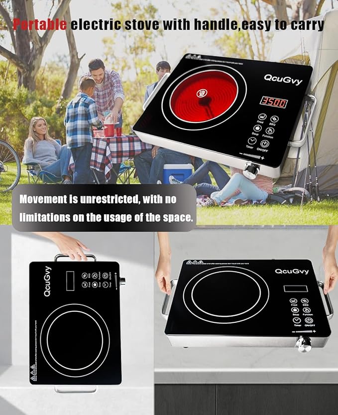 Portable Infrared Burner 3500 Electri Burner with 3 Hours Timer-Electric Hot Plate Touch Control Panel Adjustable Heating Power Glass Plate Electric Cooktop for Cooking (Black)