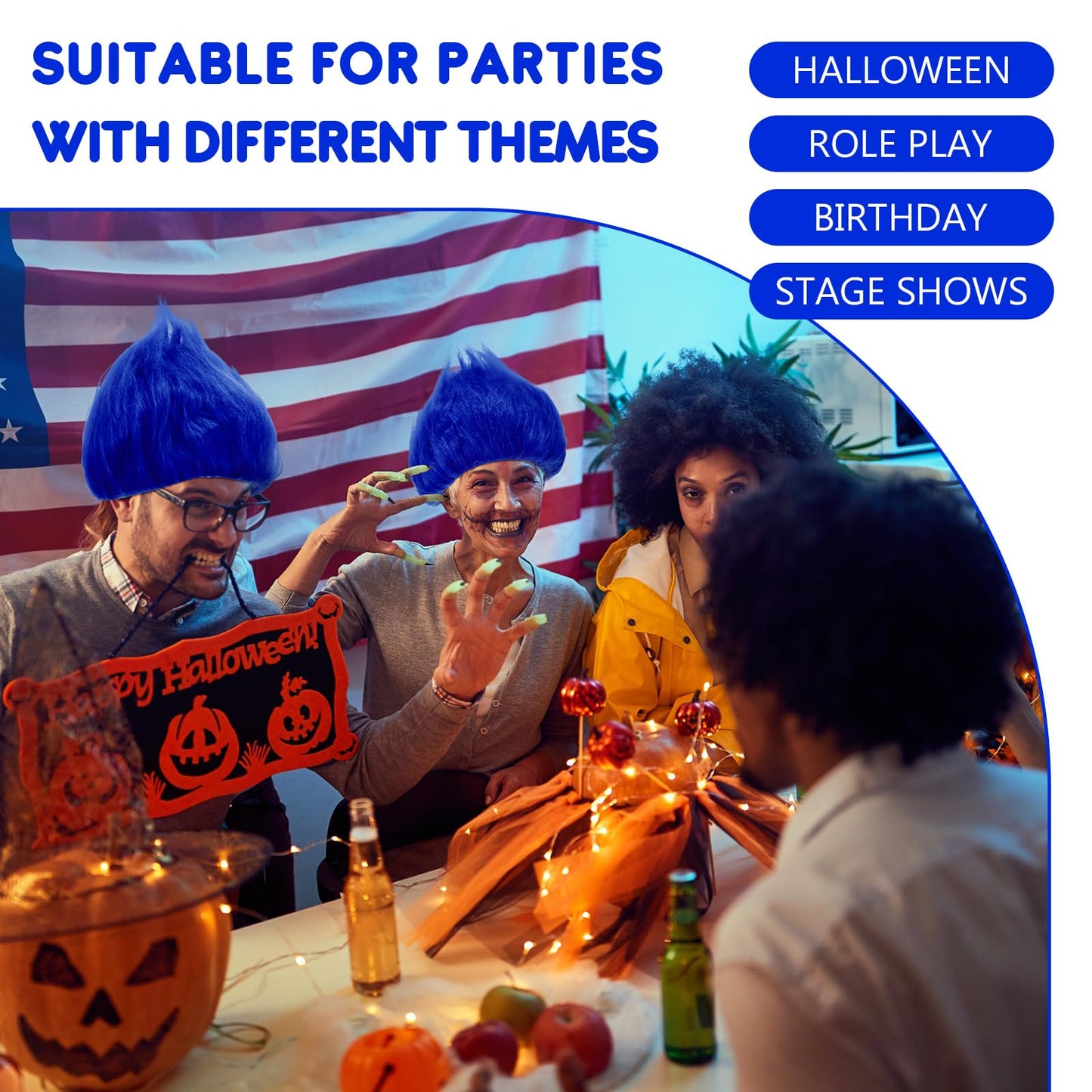 Geyoga 2 Pcs Unisex Funny Wig Hairy Costume Funky Hairband Crazy Wig Hair for Halloween Costume Party (Royal Blue)