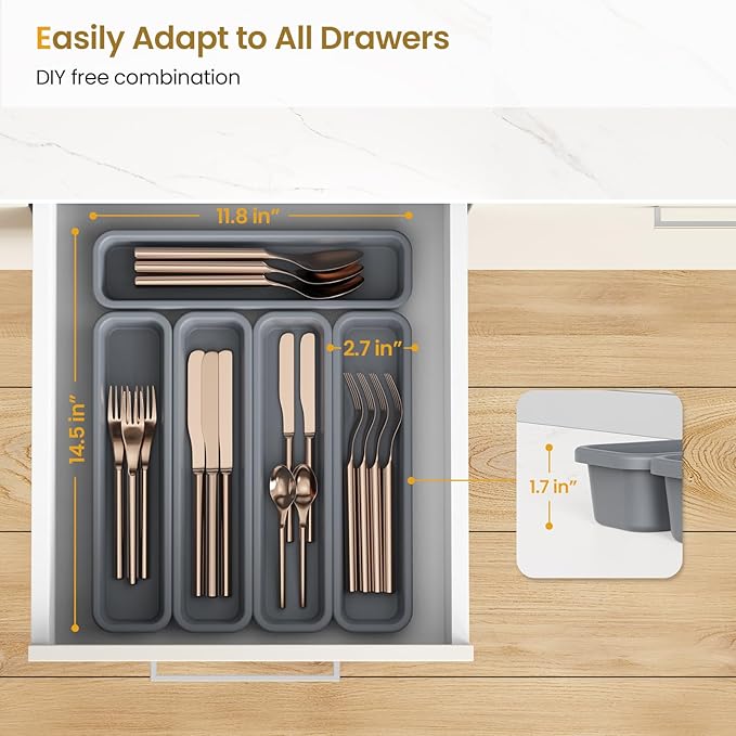 5 Pack Silicone Drawer Organizer for Kitchen, DIY Free Combination Silverware Organizer, Utensil Drawer Organizer, Moisture-proof and Heat-resistant up to 200°C, Anti-slip and Environmentally (Grey)