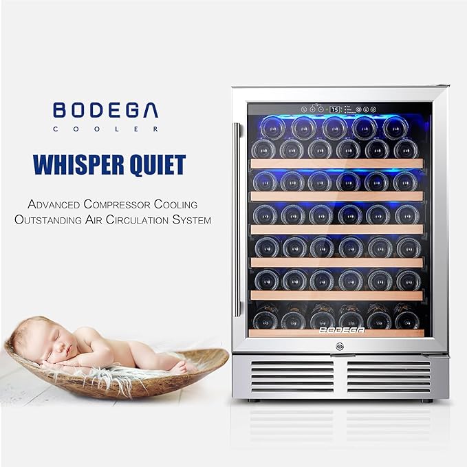 BODEGA Wine Fridge Freestanding, 24 inch Under Counter Wine Refrigerator, Champagne Cooler with App Control, Glass Door, for Kitchen, Bedroom, Home, Office, Holds 52 Bottles