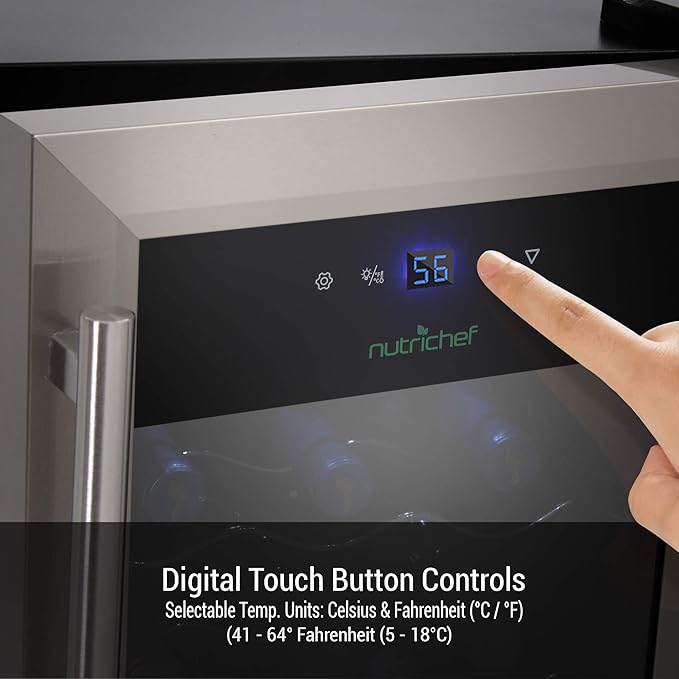 Nutrichef 15 Bottle Wine Fridge Red and White Wine Chiller Adjustable Temp Control 41°F to 64°F Ultra Quiet Operation Mini Wine Cooler Built for Home, Office, Kitchen Counter, 27x13x17 IN