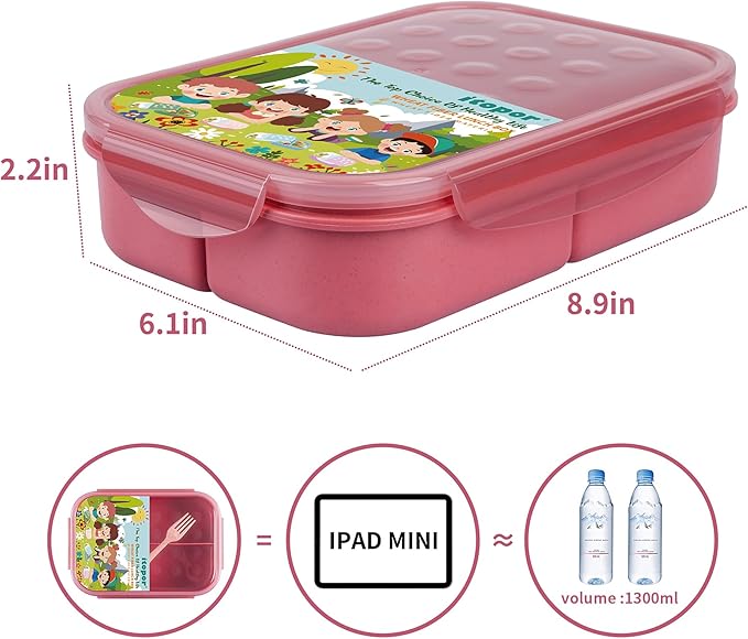 Wheat Straw Bento Box, BPA-Free Lunch Box for Kids & Adults - Leakproof 3-Compartment Lunch Containers with Utensil, Microwave/Dishwasher Safe, 5.5 Cup Muted Red
