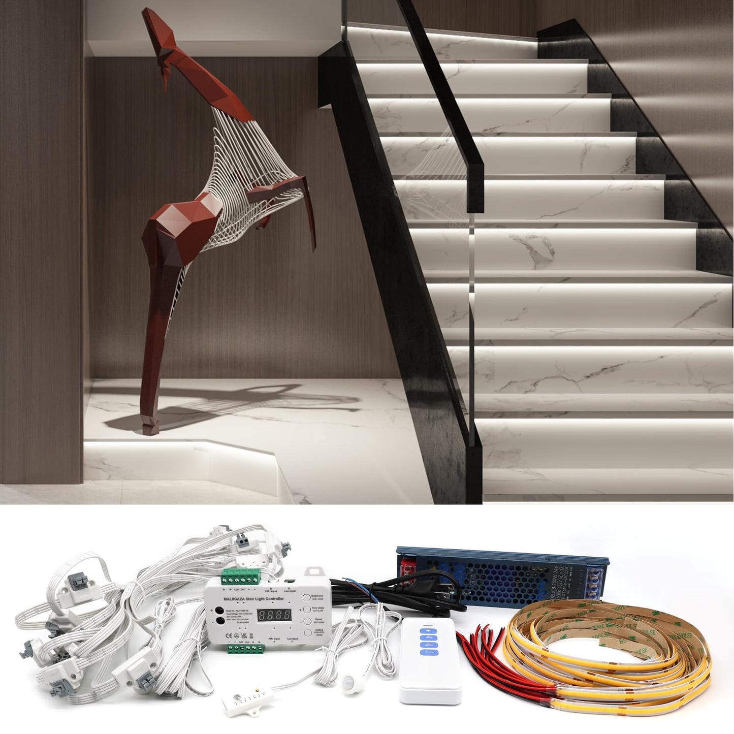 MALIIGAZA Intelligent Motion Sensor LED Stair Light Kit, 47.2 In, 6000K, Plastic, Model STEP-09-20S-CW-1.2M-H