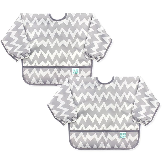 Bumkins Sleeved Bib, Waterproof Fabric, Gray Chevron, 2-pack