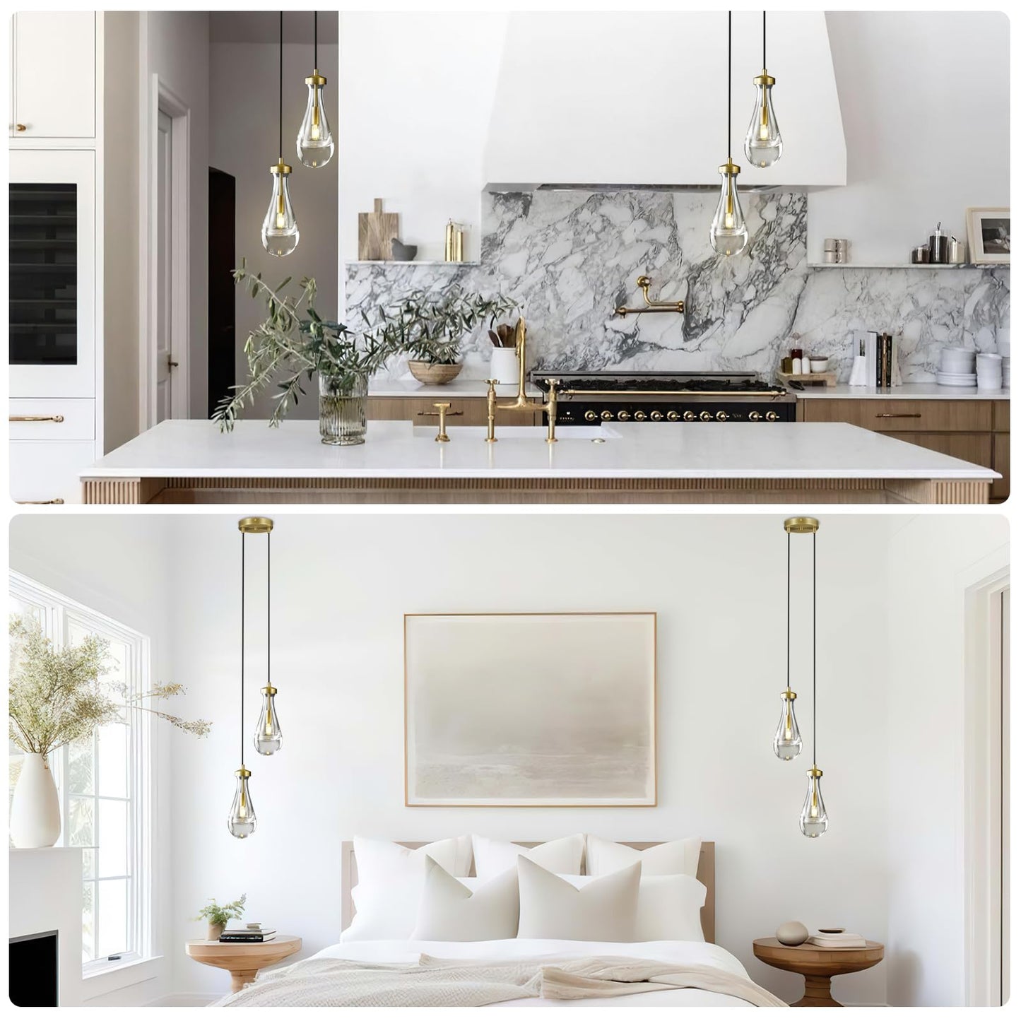 Joyunleo Brass Raindrop Pendant Lights Kitchen Island 2-Light  Cluster Gold Pendant Light Fixture For Bedroom  Dimmable Dining Room Light Fixture Hanging Pendant Lighting Ceiling Chandelier For Foyer
