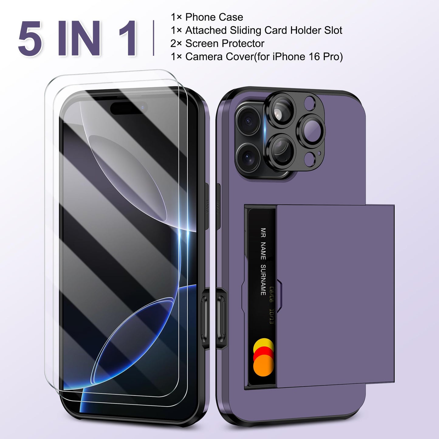 Samonpow For Iphone 16 Pro Case Wallet With Card Holder + 2 Screen Protector + 1 Camera Cover Full Body Heavy Duty Protective Du