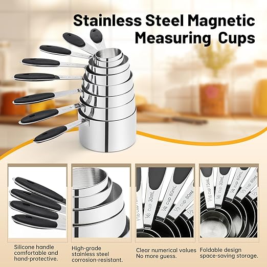 Measuring Cups 17-Piece Stainless Steel Measuring Set, Measuring Cups and Spoons with Leveler, Magnetic Conversion Chart, Black