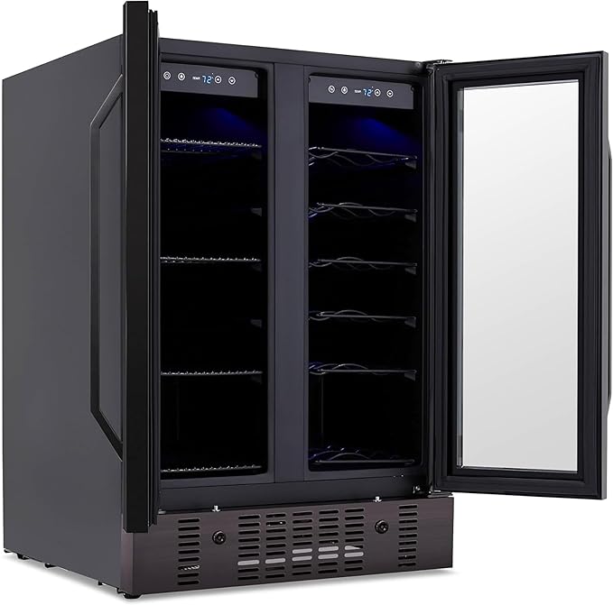 NewAir 24" Dual Zone Wine and Beverage Refrigerator, 18 Bottle & 58 Can, French Door Built-In Fridge with Lock, Black Stainless Steel Cooler, Digital Thermostat, Adjustable Shelves