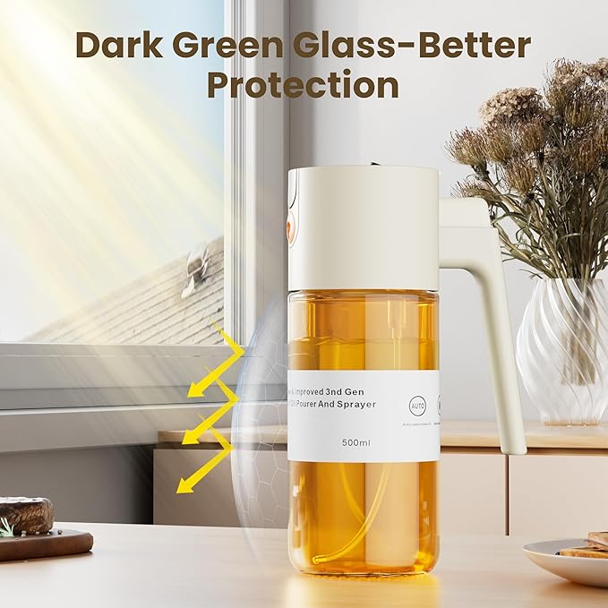 Upgrade 2 in 1 Oil Sprayer for Cooking, Olive Oil Dispenser Bottle for Kitchen Gadgets with Stickers, 17oz/500ml Food Grade Light-Blocking Glass Spray Bottle for Salad, Air Fryer, BBQ