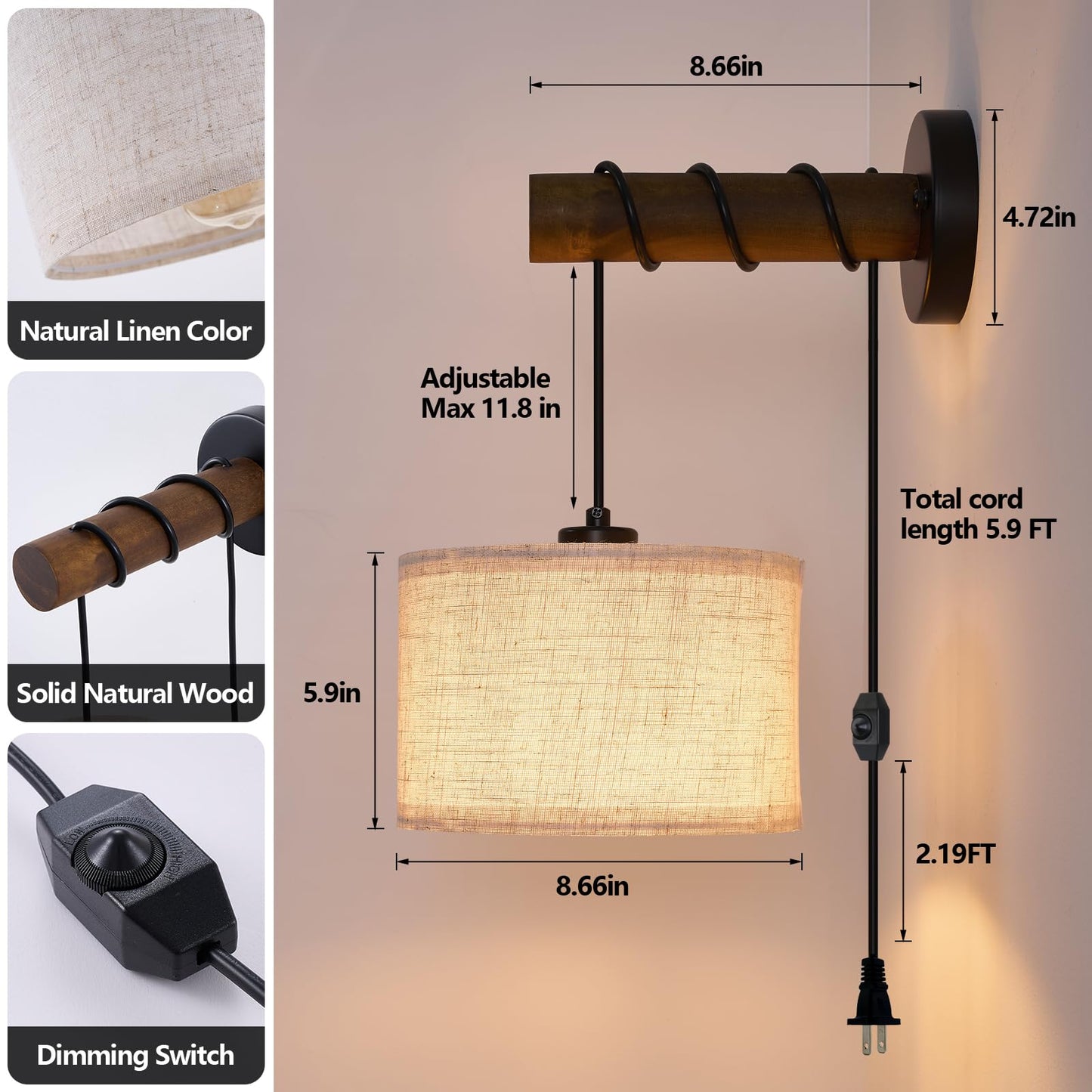 Xsdetu Plug In Wall Sconces Set Of 2  Farmhouse Wall Lamp With 5.9Ft Plug In Cord  Dimmable Hanging Wall Lighting With Fabric Shade  Adjustable Wall Mount Lights For Bedroom Living Room  Wooden Arm