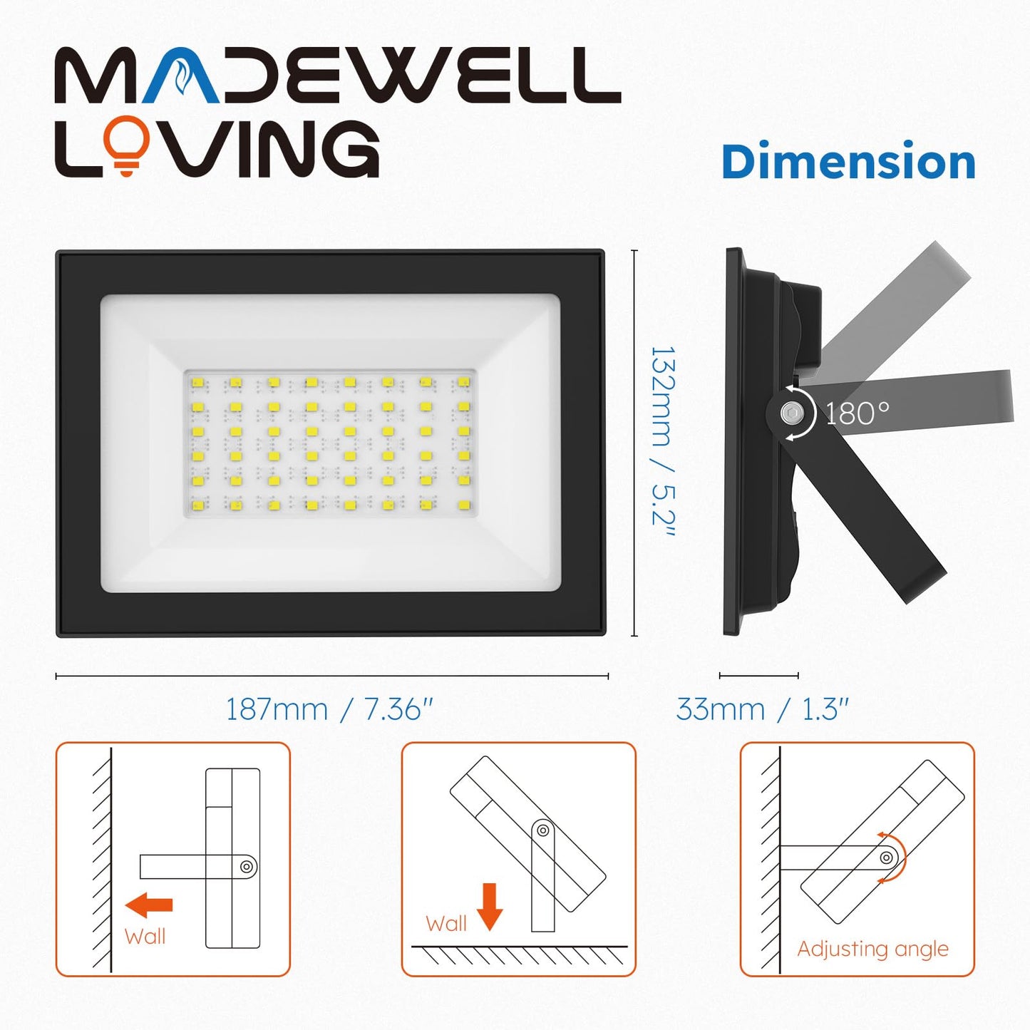 Madewell Living 2-Pack 50W Led Flood Lights Outdoor - 9000 Lumens Super Bright Security Lighting  Ip66 Waterproof  5000K Daylight - Energy-Efficient Outdoor Lights For Garage  Garden  Lawn  Backyard
