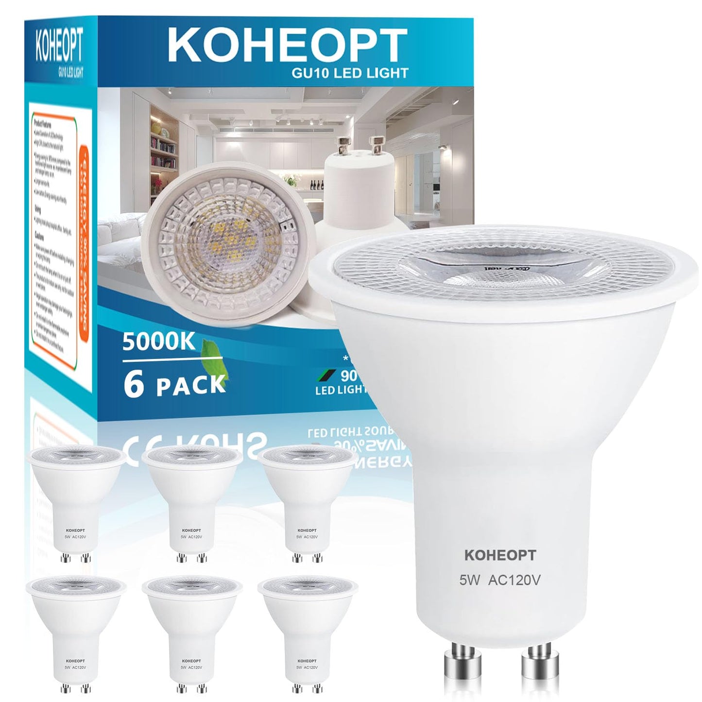 Koheopt 5W Gu10 Led Light Bulb  Dimmable 5000K Daylight Gu10 Bulb 500Lm Replacement For Track Lighting  50W Equivalent Halogen Bulbs  Led Bulbs For Living Room  Kitchen Range Hood  Bathroom 6-Pack
