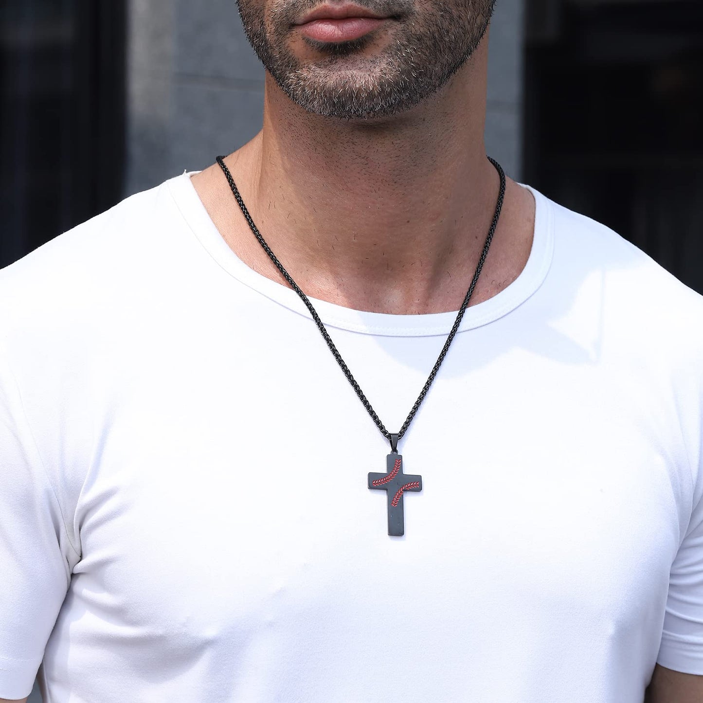 Zocomi Cross Necklace for Men Baseball Pendant Chain Black Stainless Steel Religious Christian Baptism First Communion Confirmat