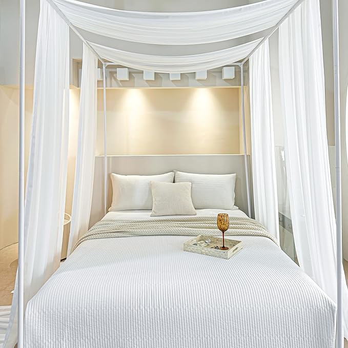 AIKASY White Bed Canopy Scarf for Full/Queen - Luxury Sheer Canopy Bed Curtains with Light - Suitable for Four-Poster Bed, Metal Bed Frame, Wood Bed Frame -2pic