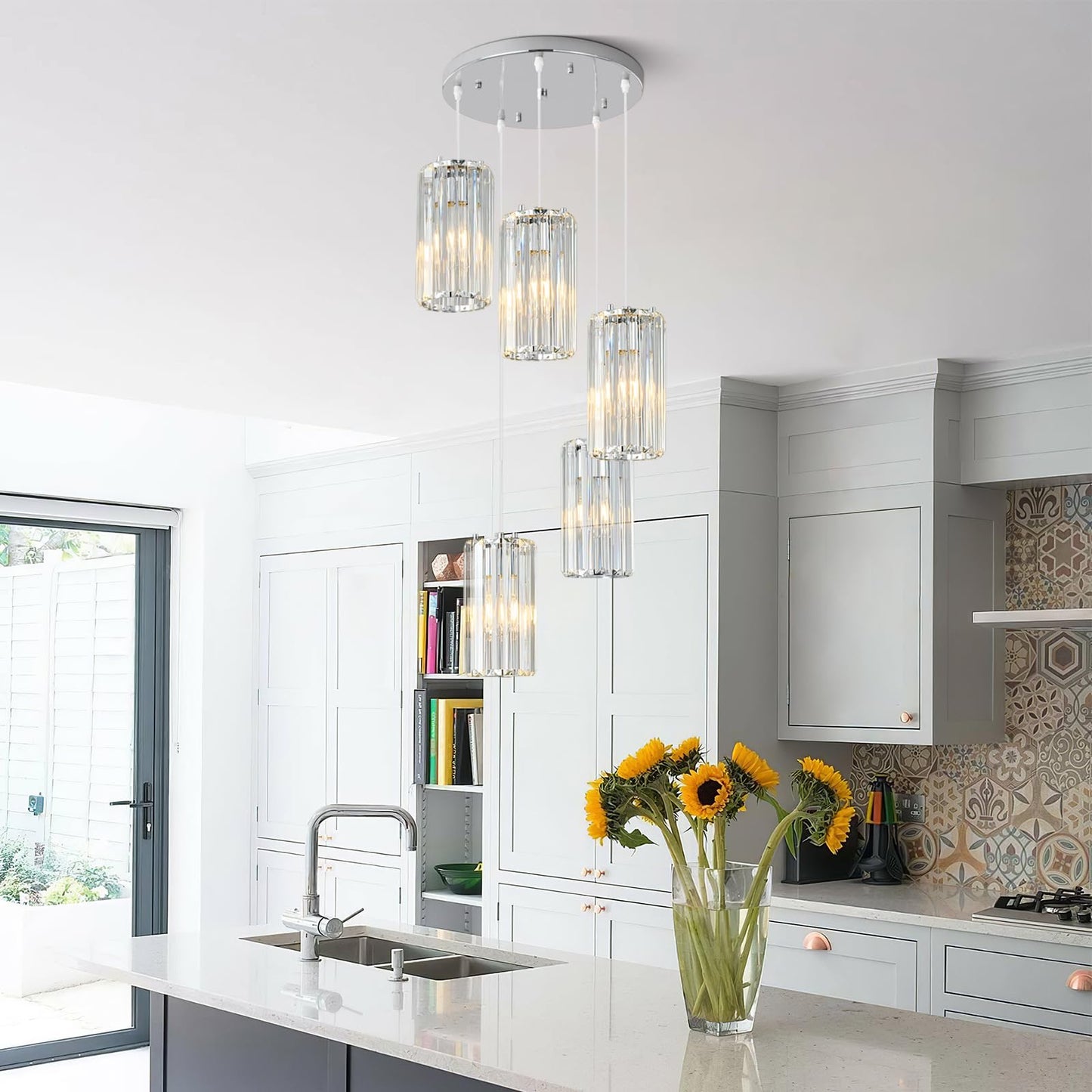 Zhllmq Chrome Pendant Lighting Modern Pendant Light  Mini Crystal Chandeliers Adjustable Pendant Light Fixture For Kitchen Island Dinning Room Corridor Bedroom(Gold 5-Light)