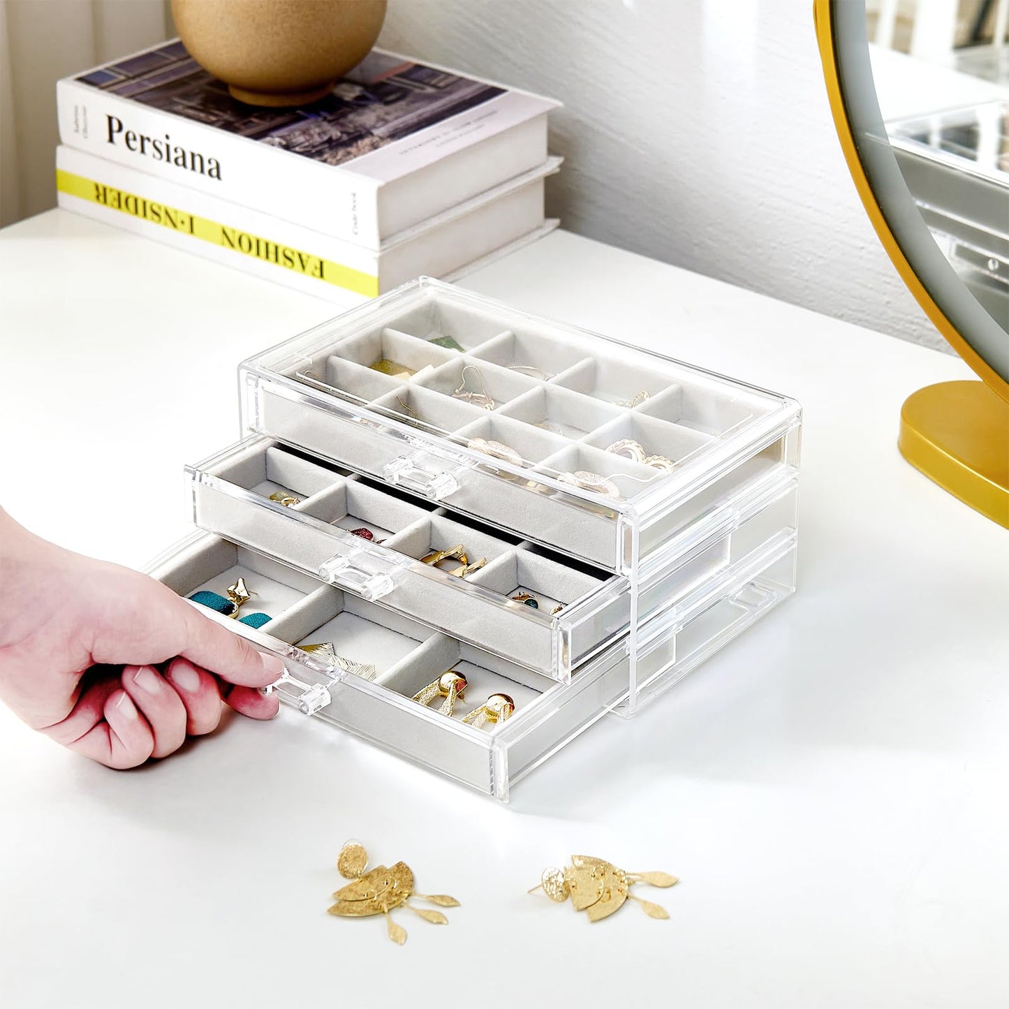 ProCase Earring Holder Organizer Jewelry Box with 3 Drawers, Acrylic Clear Earring Case with Adjustable Velvet Trays for Women -