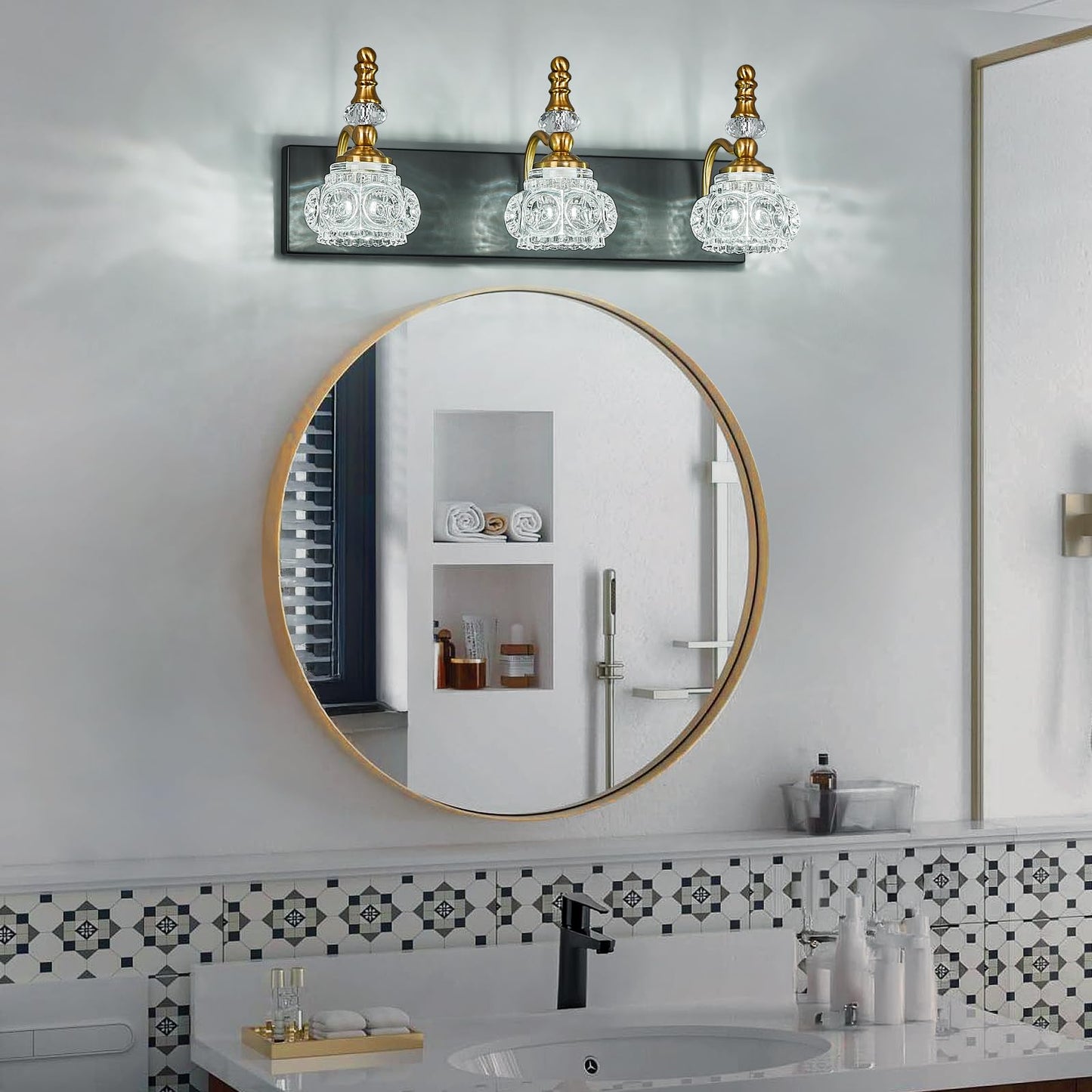 Lbsqj Bathroom Light Fixtures  Modern Glass Crystal Vanity Light Vintage Bathroom Lighting Fixtures Over Mirror 3 Light Vanity Lights G9 Bulb (19.68 Inch  Black Gold)