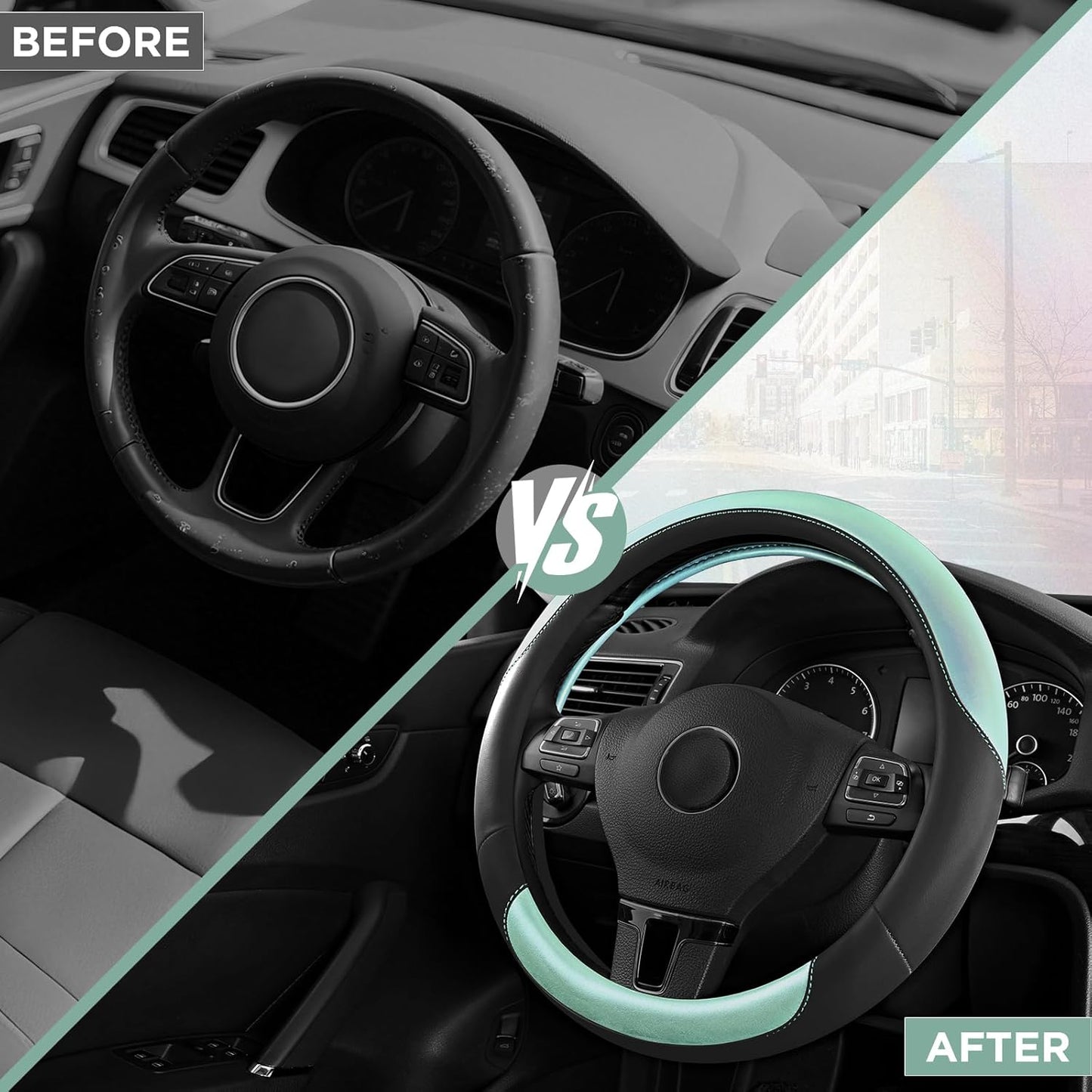 Road Comforts Steering Wheel Cover – Breathable Leather Steering Wheel Cover, Anti-Slip Grip, Universal Fit 14.5” to 15”, Heat & Cold Resistant for Cars, SUVs, and Trucks – Black & Shining Light Blue