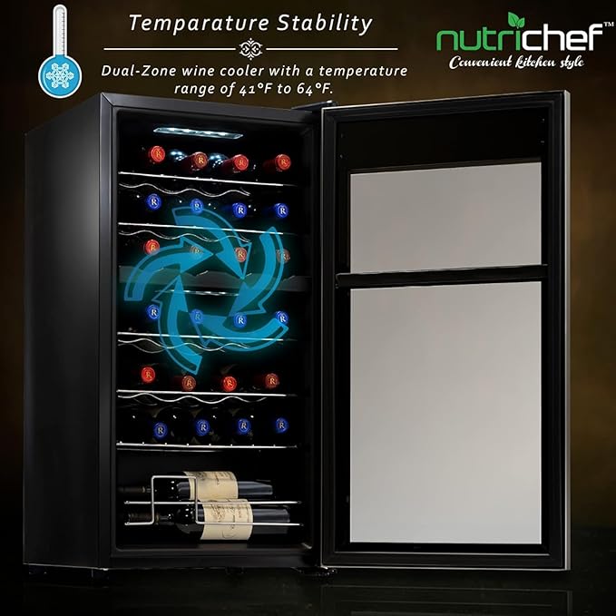 Nutrichef 28 Bottle Wine Fridge - Dual Zone Wine Chiller, Adjustable Temperature 41°F to 64°F, Ultra Quiet Operation, Free Standing Wine Cooler For Home, & Office, 33 x 11 x 26 IN (Black)