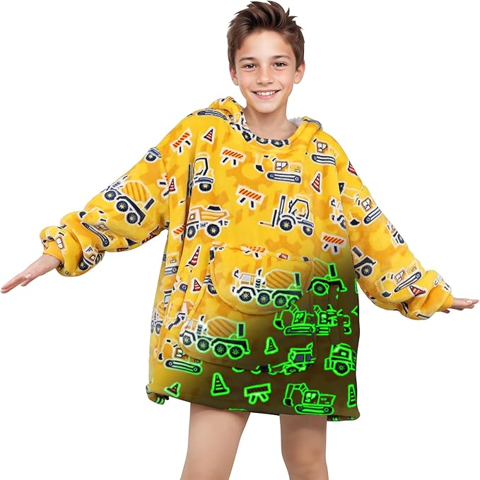 OHOIT Excavator Wearable Blanket Hoodie for Kids 6-10 YR - Glow in The Dark Truck Blanket with Oversized Pocket - Construc...
