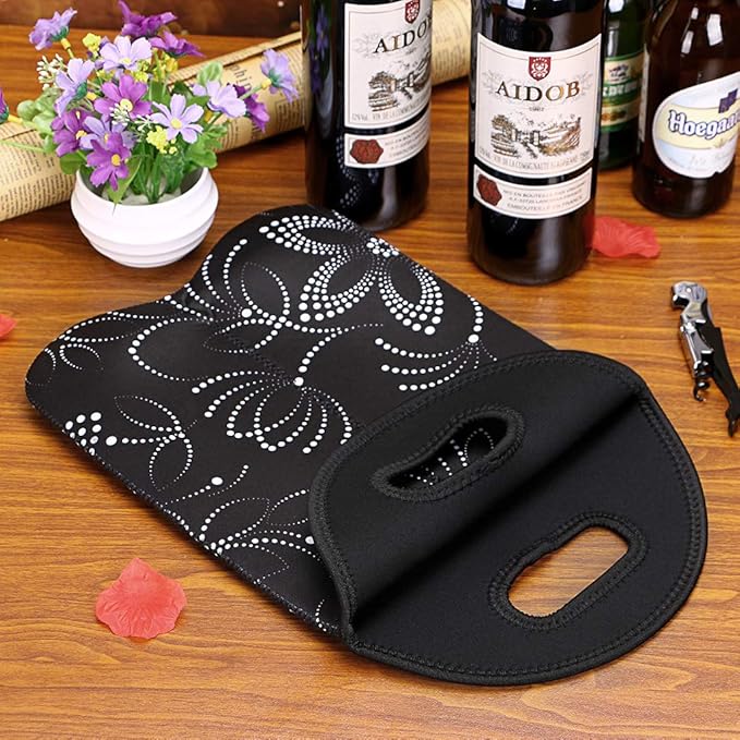 Hipiwe Wine Carrier Tote Bag Two Bottle Insulated Neoprene Wine/Water Bottle Holder for Travel with Secure Carry Handle (Black)
