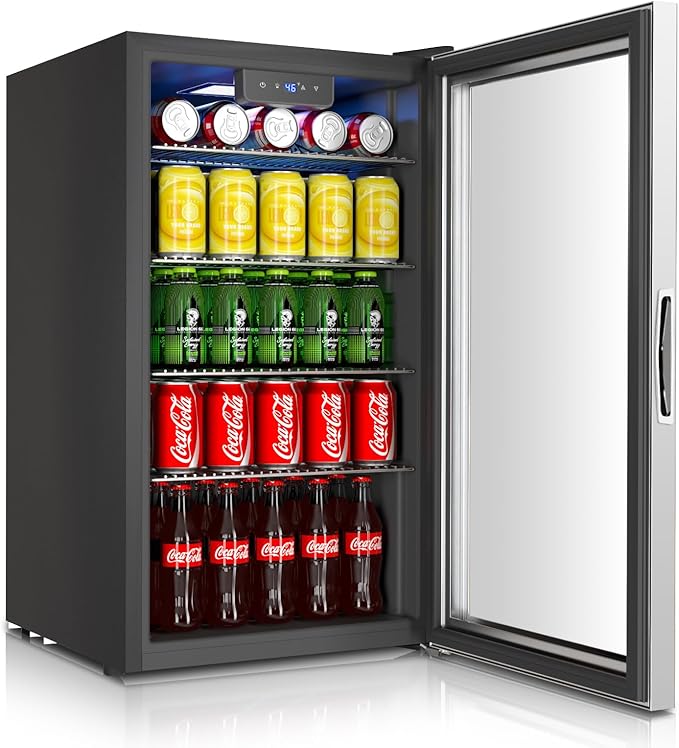 Mini fridge,116 Can Beverage refrigerator cooler with Glass Reversible Door for Soda Beer Wine, 3.2 Cu.ft Small Refrigerator for Home Kitchen, Adjustable Removable Shelves,Hidden Door Handle