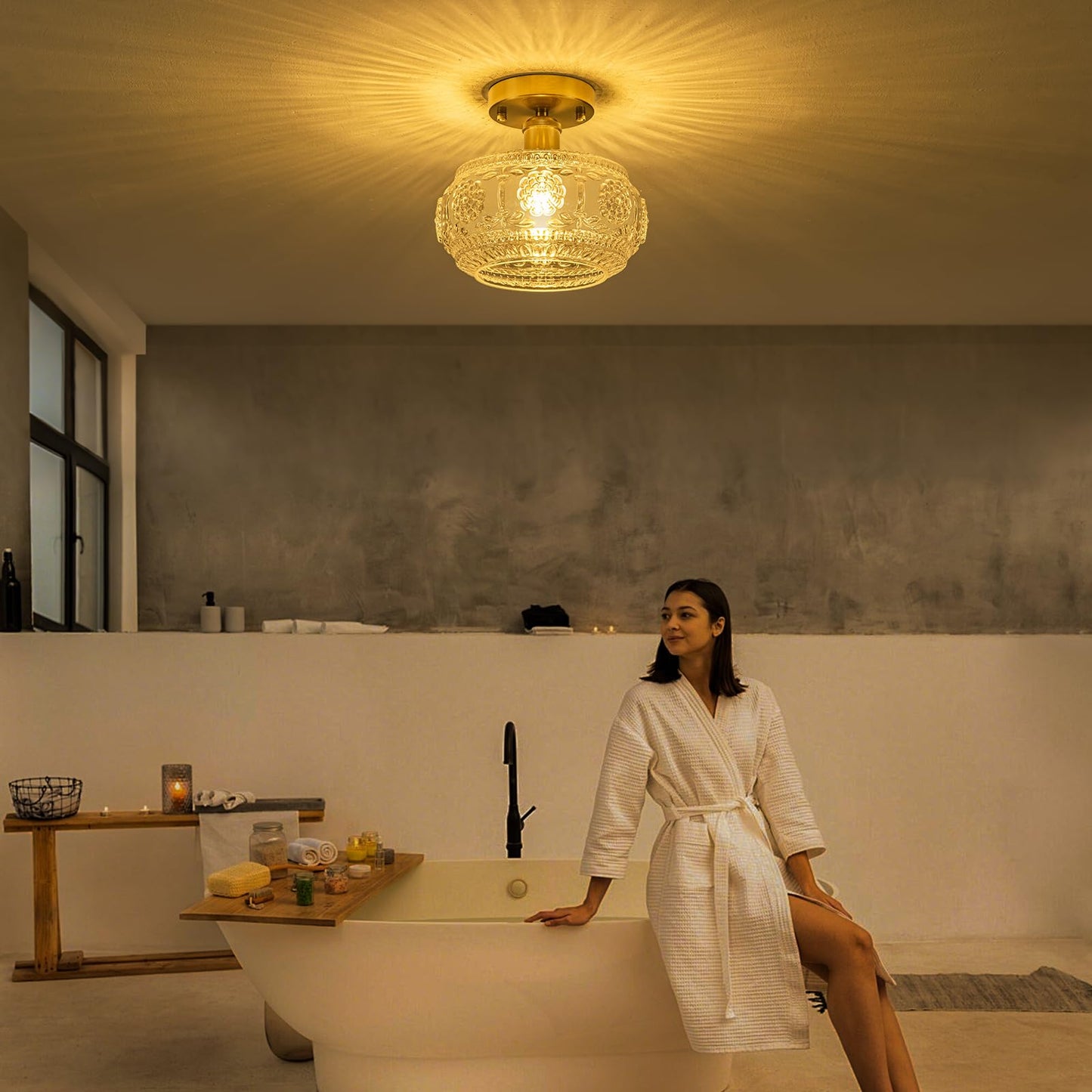Tbaoinla Semi Flush Mount Ceiling Light Fixture - Brass & Floral Glass Shade  Vintage Modern Lighting For Entryway  Bathroom  Kitchen  Bedroom (Bulb Not Included)