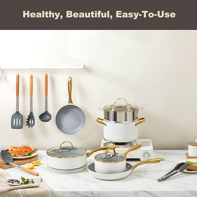ceramic cookware set,Healthy,Non Toxic,Pots and Pans Set non stick,14-Pcs Kitchen induction cooking Sets, nonstick Pot and Pan Set with silicione Utensils,PFOS/PFOA Free,Cream and Gold