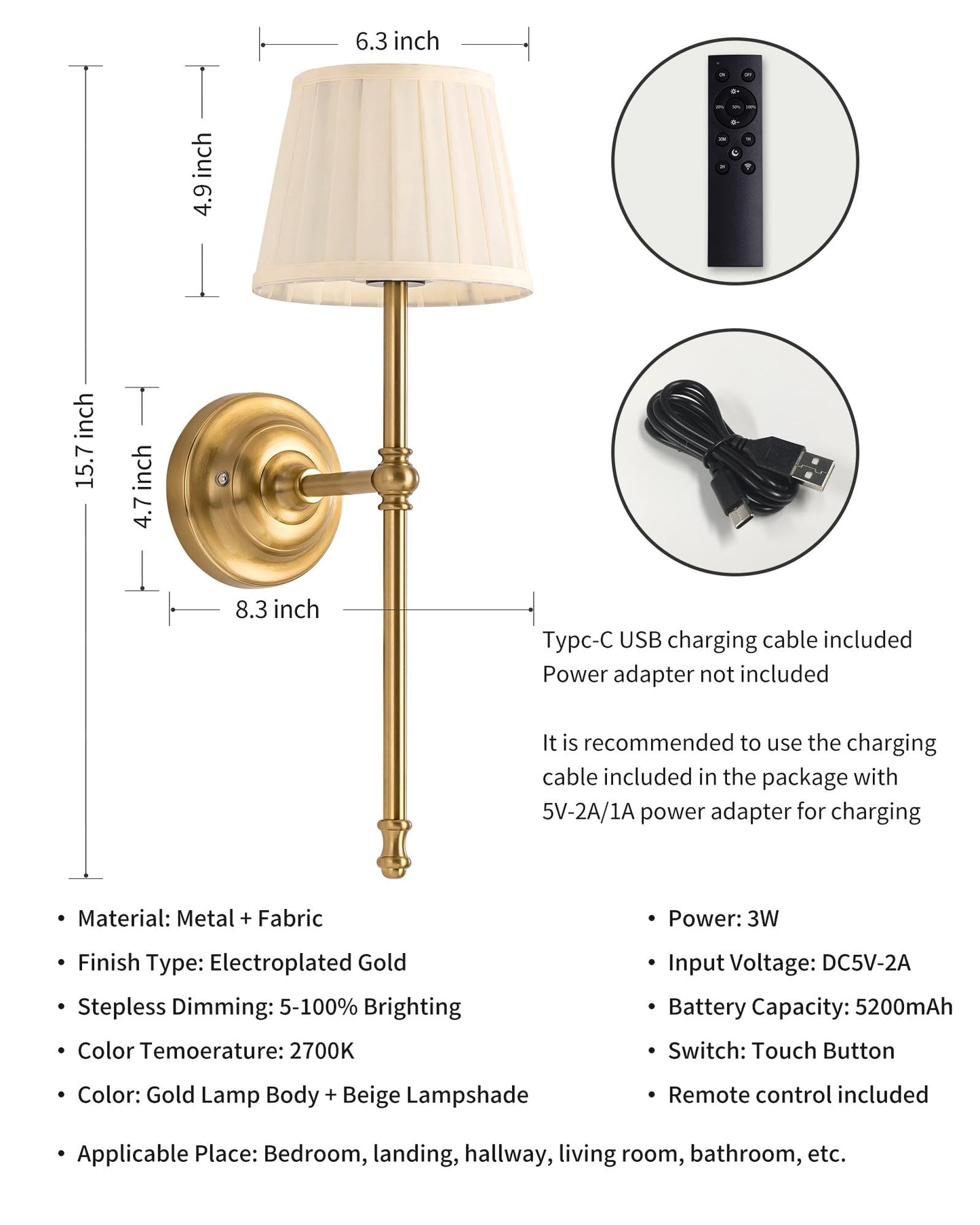 Kdg Cordless Wall Sconces Set Of 2  Small Wireless 5200Mah Rechargeable Battery Fabric Led Wall Lamps  Portables Lightings For Wall discomfort-reducingting  Living Room  Bedroom  Hallway  Gifts  Night Light (Gold)