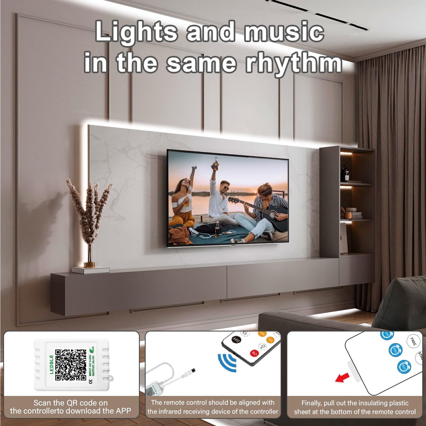 talkhigh 50FT COB Led Strip Lights, Bright Daylight White, Indoor Use, Remote Control, Cuttable, High Density, 24V