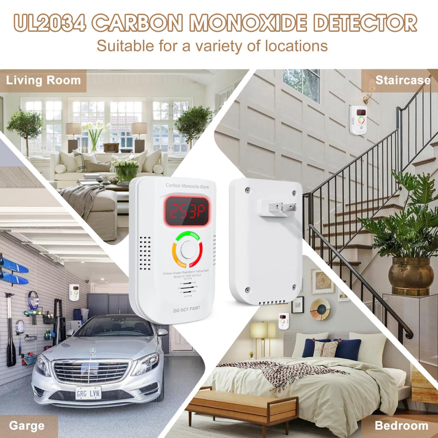 2 Pack Carbon Monoxide Detector, Plug-in Wall Carbon Monoxide Gas Detector, Portable Carbon Monoxide Detector with Digital Display LED, CO Alarm Monitor with Audible and Visual Alarm Test Mute Button