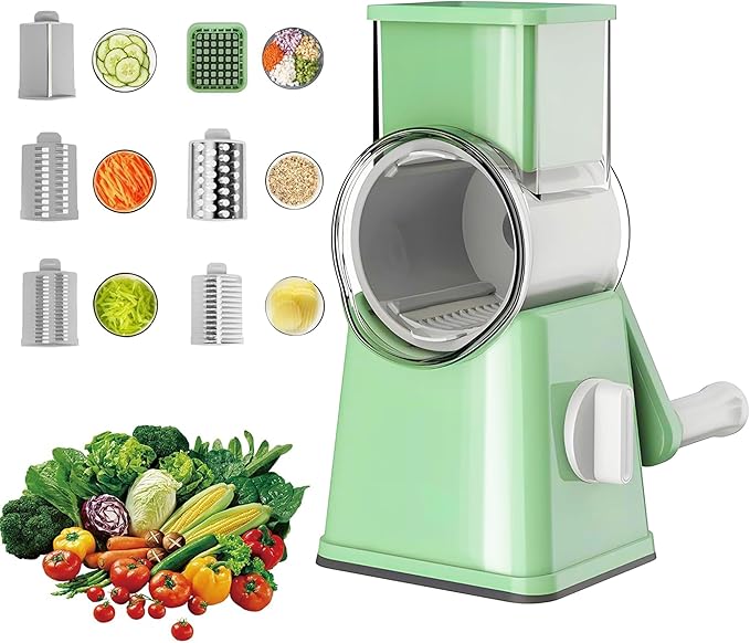Rotary Cheese Grater, 6-in-1 with 6 Shredder Mandoline Food Chopper with Dicing Blade with Stainless Steel Slicer Blades,Easy to Use & Clean Green