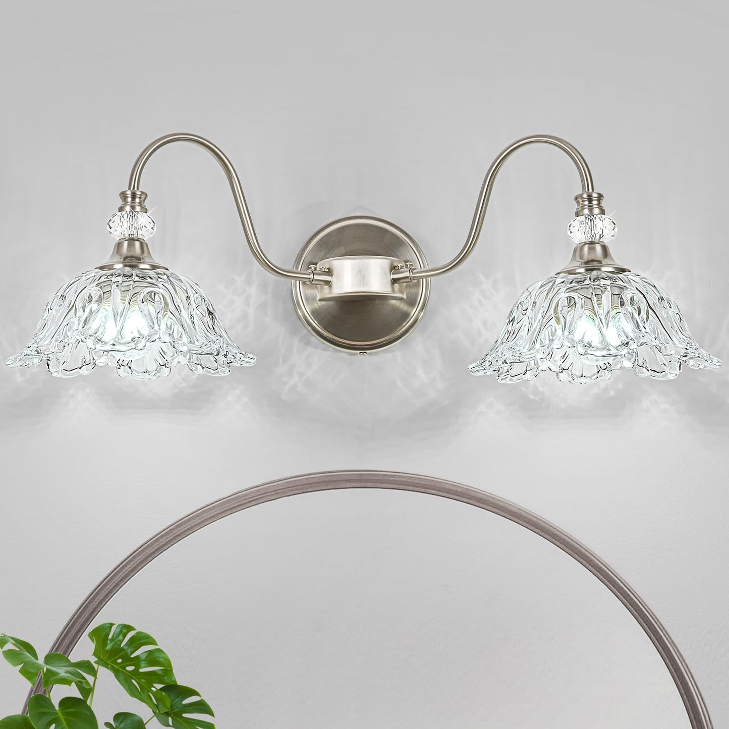 Sunkryster Brushed Nickel Bathroom Vanity Light  2-Light Vanity Light With Floral Clear Glass Shades  Nickel Wall Mount Lighting For Bathroom  Dressing Table