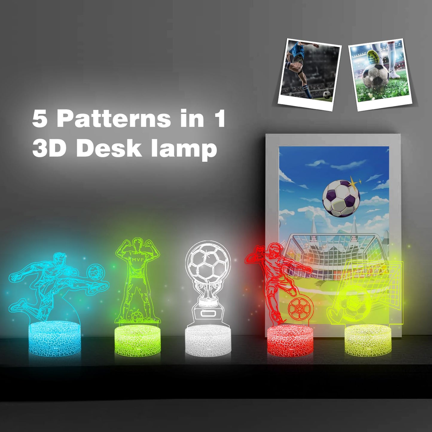 Shellvcase Soccer Night Light 3D Lamp Set with Remote Control, 16 Colors, 5 Pcs, Kids Gift, Model 3736651, Color 5pc-Soccer