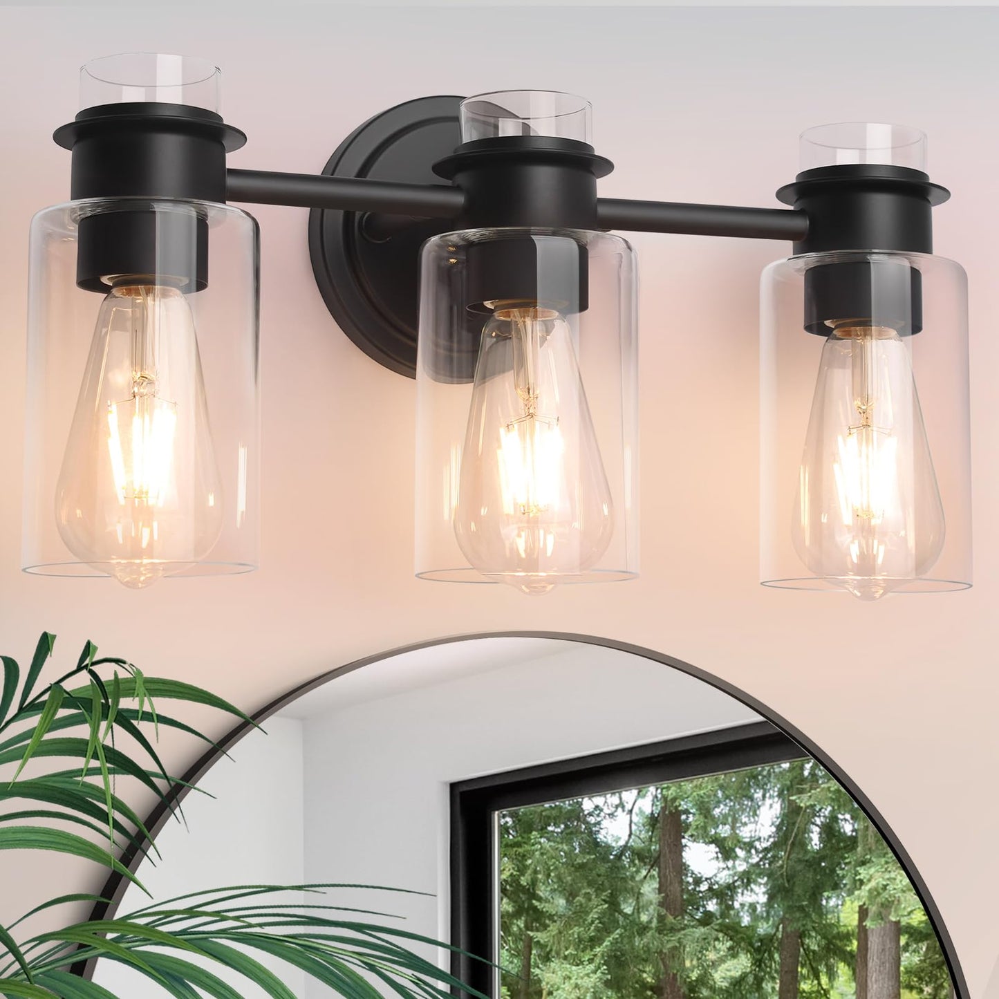 3-Light Bathroom Vanity Light Fixture over Mirror, Matte Black Modern Wall Sconces, Clear Glass Shade & Rustproof Design for Bat