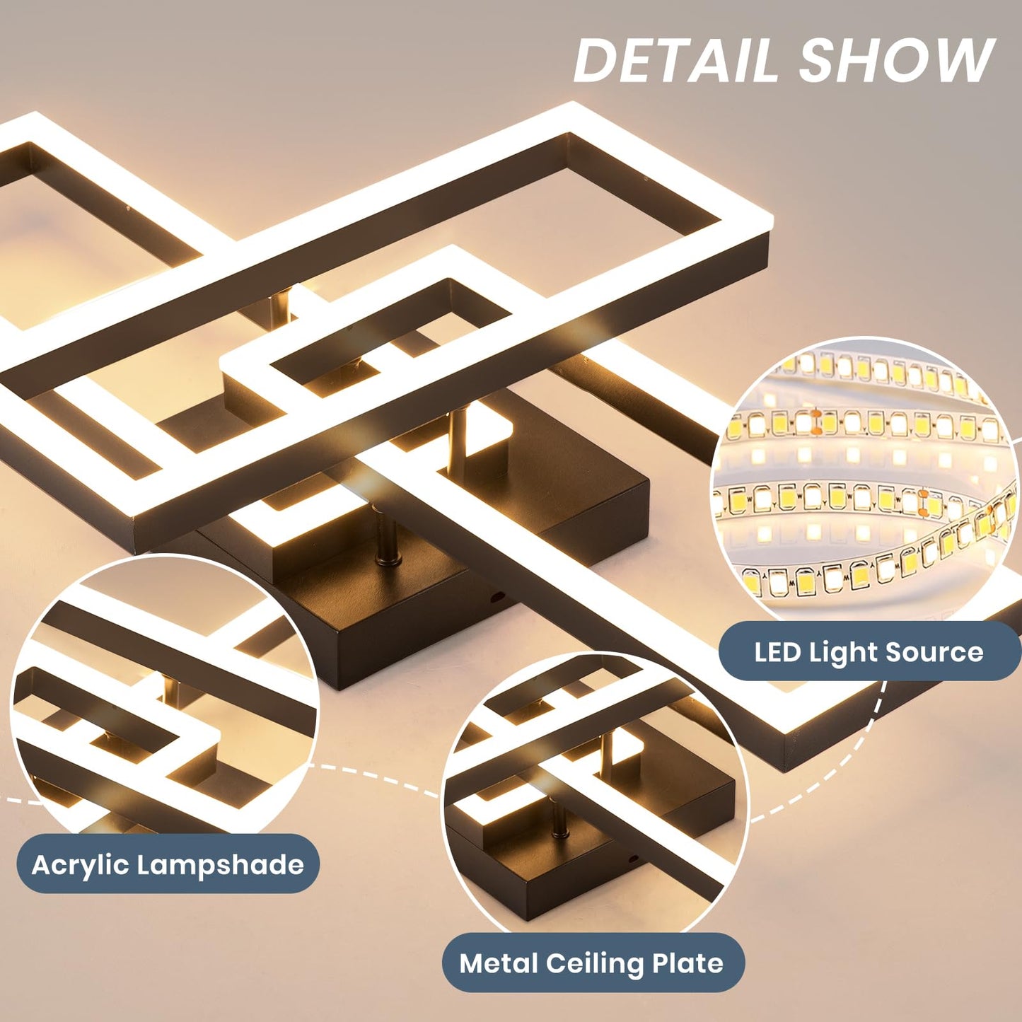 EIDISUNY Modern LED Ceiling Light Fixture, Dimmable 40W, Black 3 Square, Remote Control & APP, Model CL-3CFBKYX-D-2985