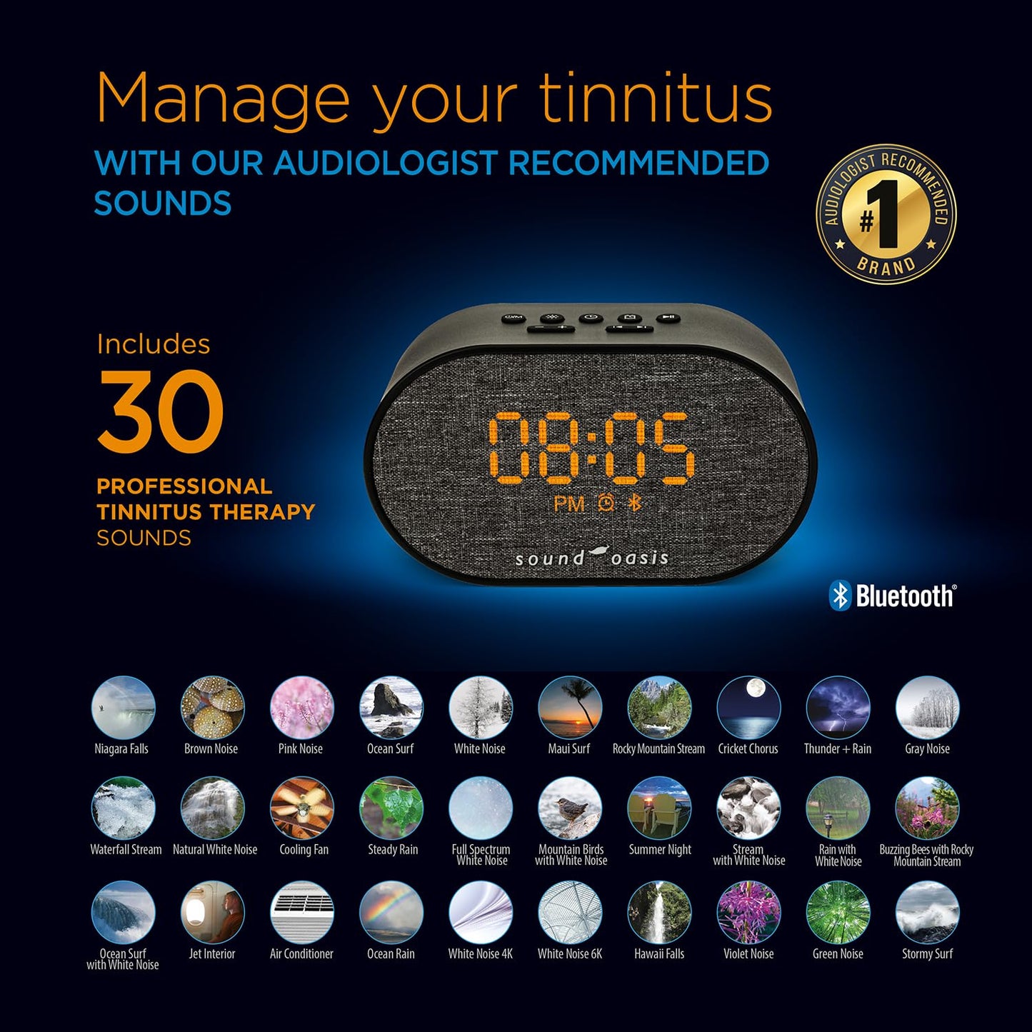 Sound Oasis® Bluetooth Tinnitus Sound Therapy System® Alarm Clock - Sleep Better, Manage and Mask Tinnitus, 30 Built-in Sounds for Tinnitus Relief, Sleep-Friendly Lighting, Travel Friendly (BST-150T)