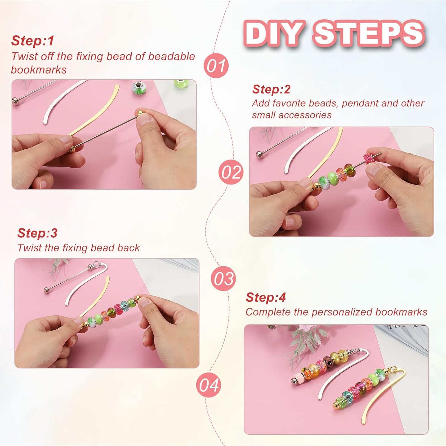 PATIKIL Beadable Bookmarks, 10 Pcs Beaded Bookmark DIY Metal Blank Bar Bulk for Bookmark DIY Making Craft, Beading Pendant Charm, Light Pink