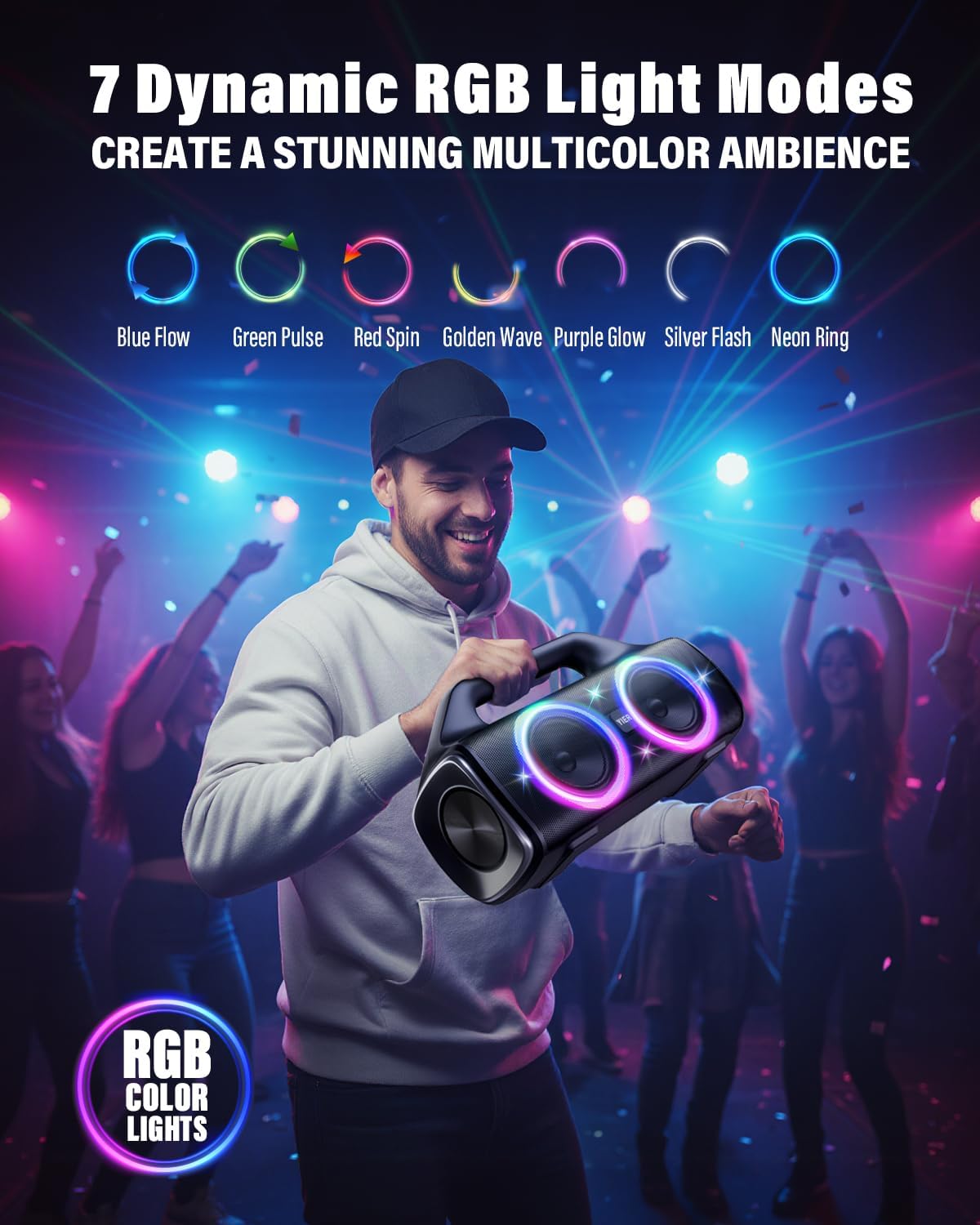 YIER Portable Wireless Speaker, 80W Peak, IP67 Waterproof, Deep Bass, Bluetooth 5.3, Black, Model BOOM HERO 1