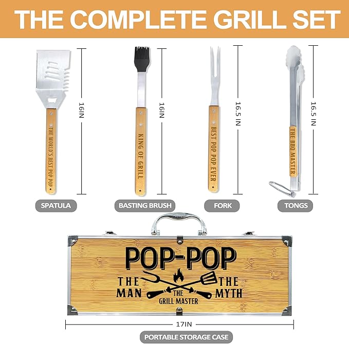 Christmas Pop Pop Gifts from Grandkids, Pop Pop Gifts Heavy Duty Wooden BBQ Grilling Accessories Kit for Backyard, Thick Stainless Steel Grill Utensils with Non-Slip Handle Tools in Portable Bag