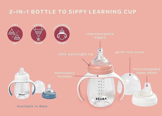 BEABA 2-in-1 Baby Bottle to Transition Sippy Cup, No Spill Sippy Cup, Includes Removable Handles, Silicone Baby Bottle Nipple and Soft Spout, 7 oz (Rose)