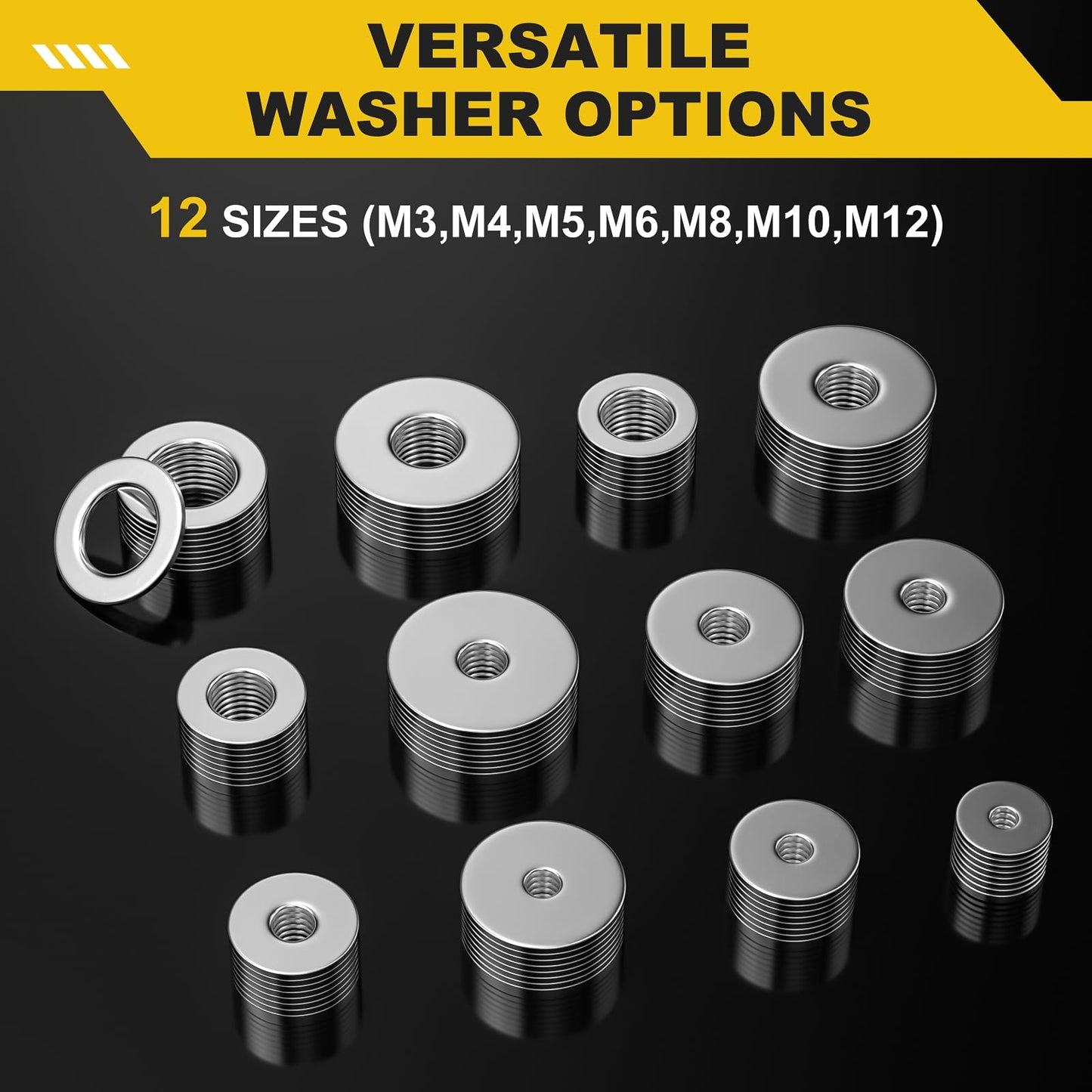 WIESVOP 108Pcs 304 Stainless Steel Flat Washers, Fender Washers Assortment Kit 12 Sizes (M3-M12) Metal Washers for Screws Bolts Large and Small Hardware for Various Home Industrial Automotive