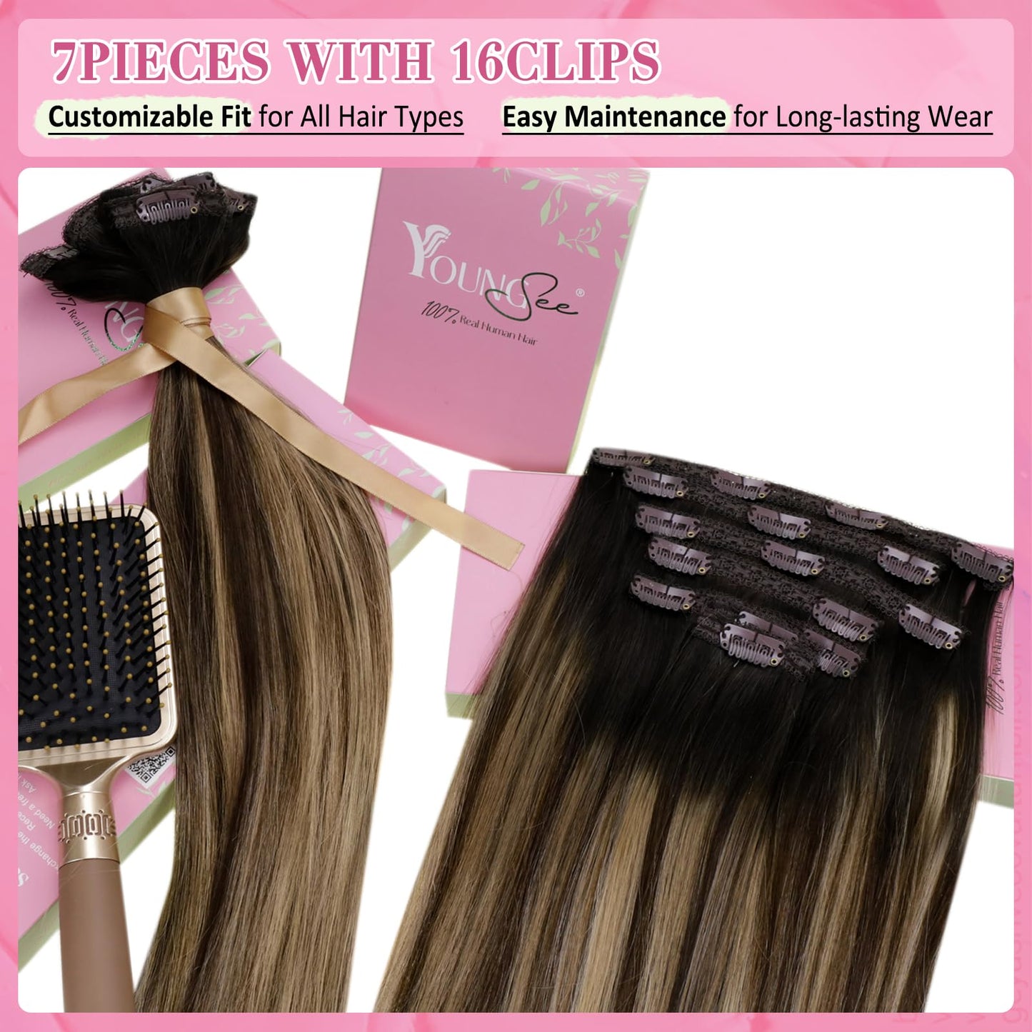 YoungSee Clip in Hair Extensions Real Human Hair Ombre Clip in Extensions Black to Blonde with Brown Balayage Clip in Hair Exten