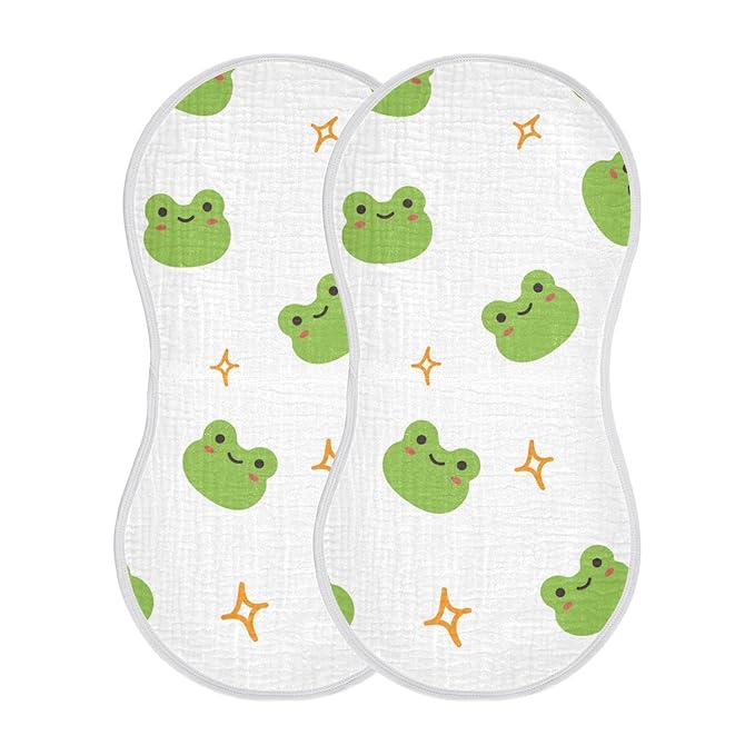 Muslin Baby Burp Cloths Set of 2, Soft Absorbent Cute Frog Muslin Washcloths, Bibs, Face Towel for Newborn Boys Girls, 22 x 11 Inch