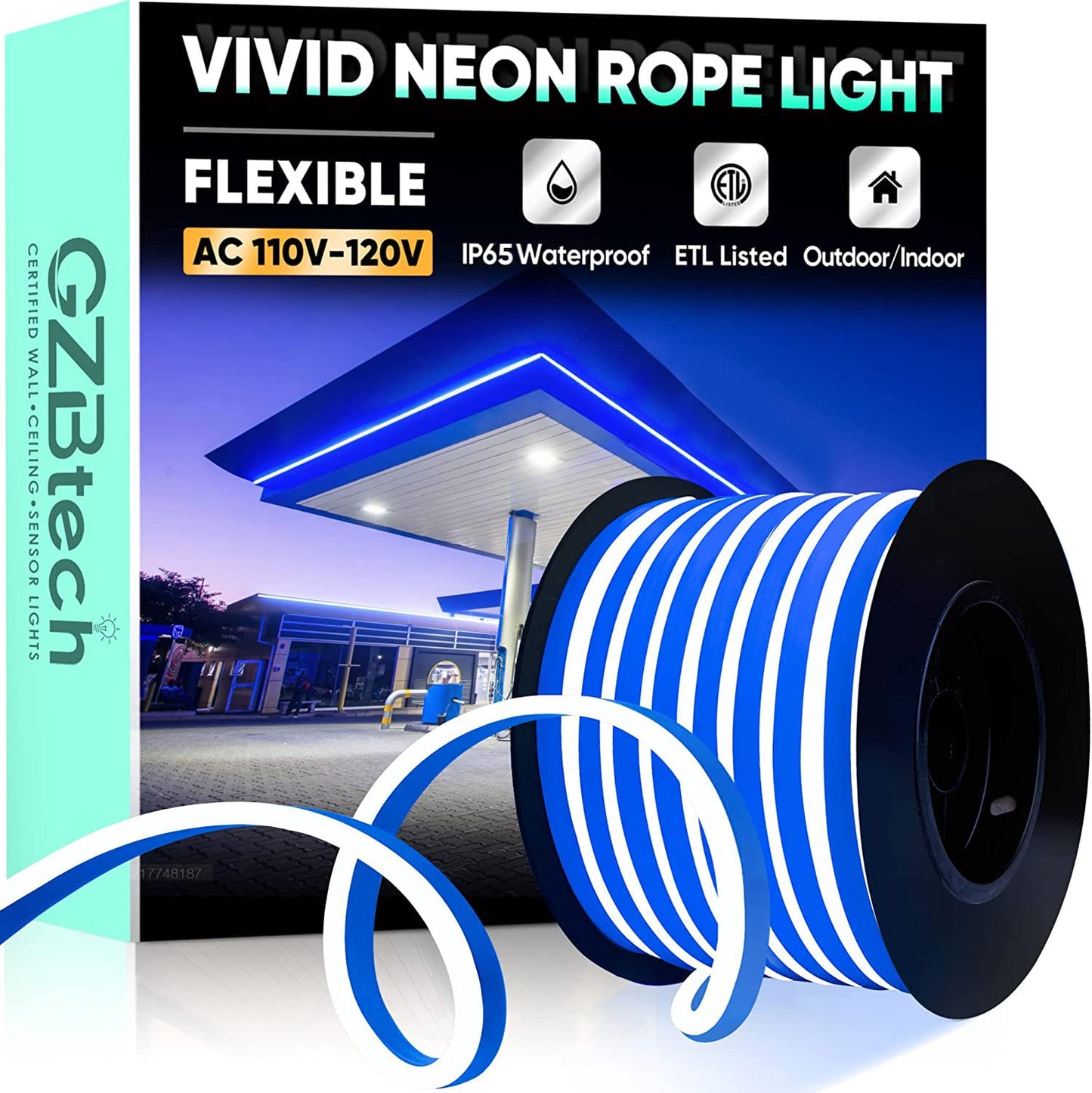 Gzbtech Flexible Led Neon Rope Lights 66Ft Ac 110-120V Waterproof Strip Light  120 Leds/M Cuttable Connectable Neon Lighting For Indoor Outdoor Home Decor/Commercial Building Use-Blue 20M